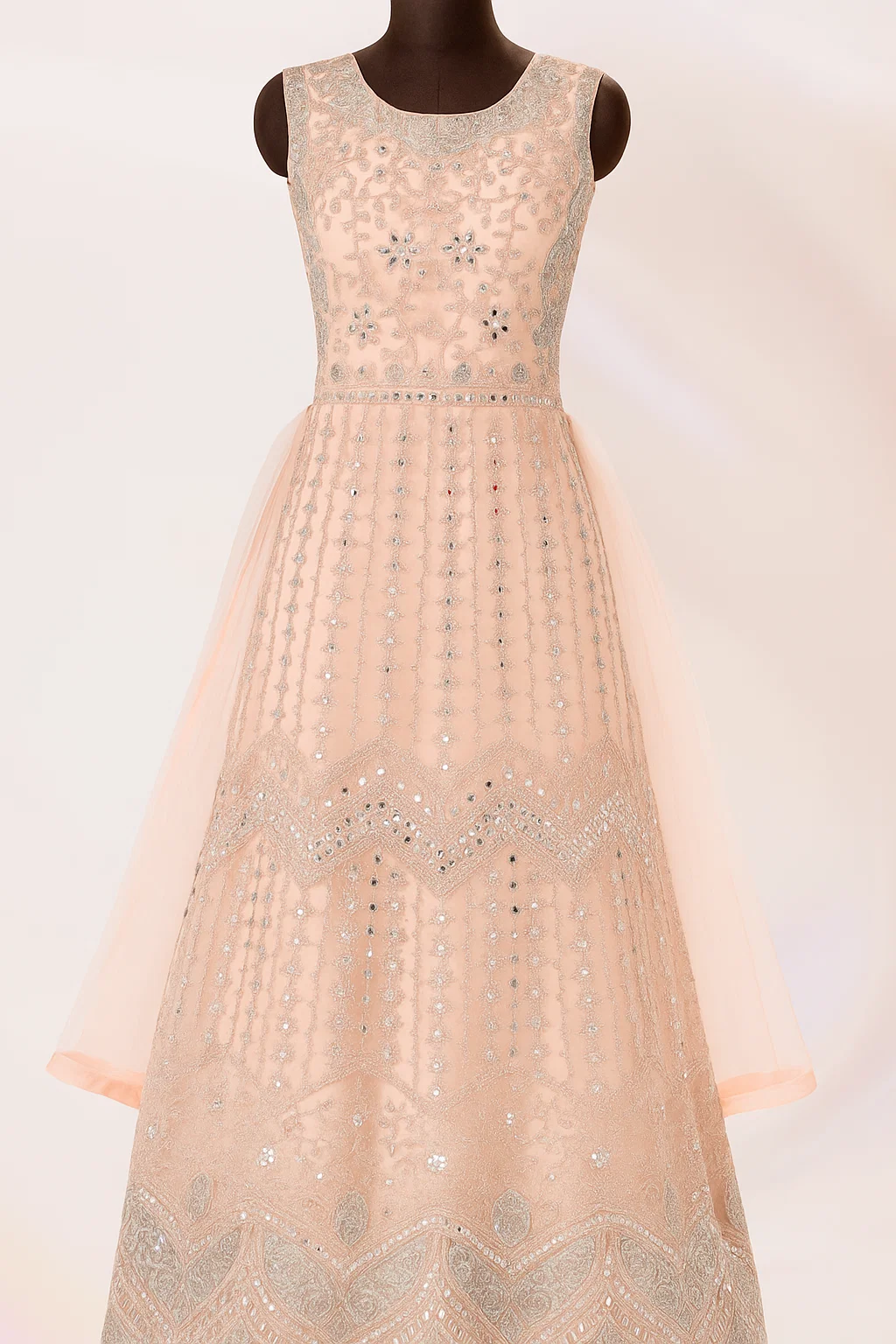 Peach Sleeveless Net Embroidered Long Gown with Silver Sequin Work for Women – Party & Wedding Wear