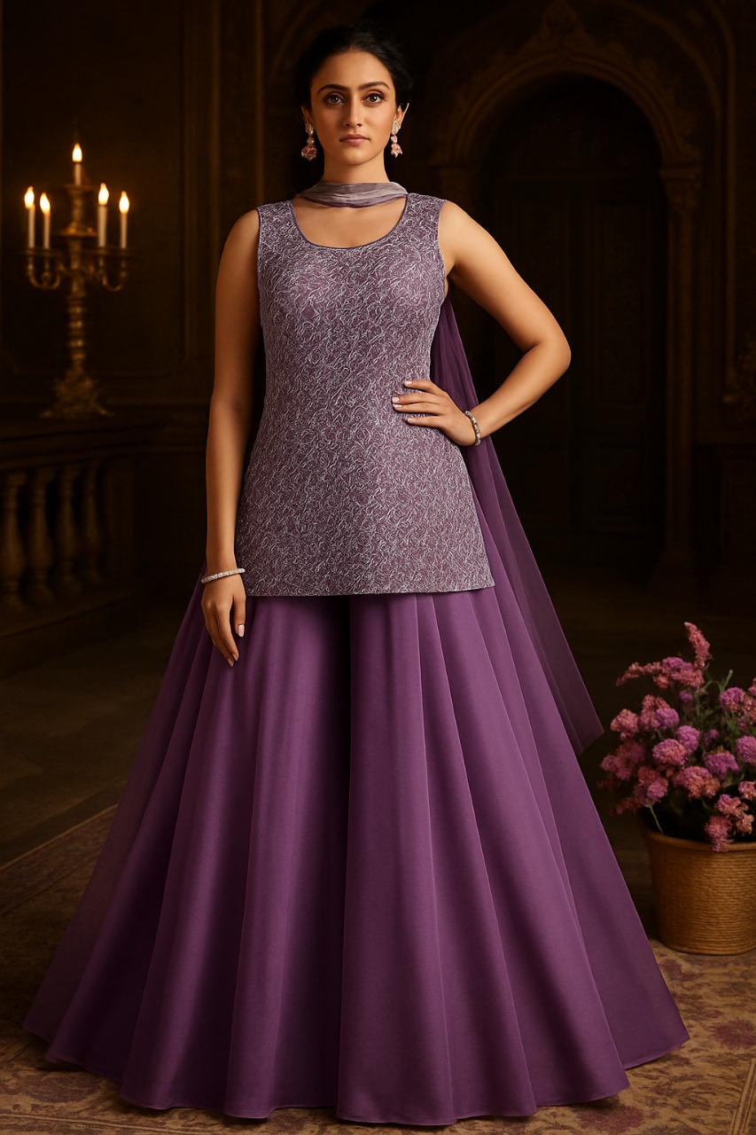 Amethyst Purple Embroidered Sharara Suit Set – Designer Sleeveless Kurta with Dupatta