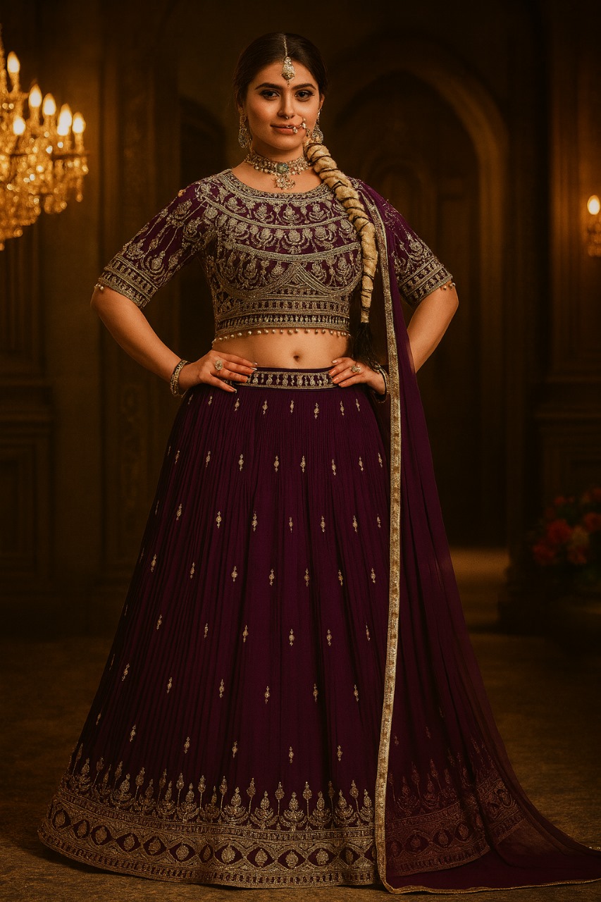 Royal Plum Embroidered Velvet Lehenga Set – Handcrafted Zari Work with Net Dupatta