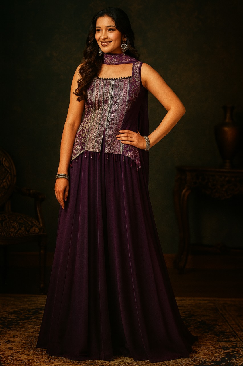 Plum Orchid Embroidered Anarkali Set – Sleeveless Front-Panel Kurta with Dupatta