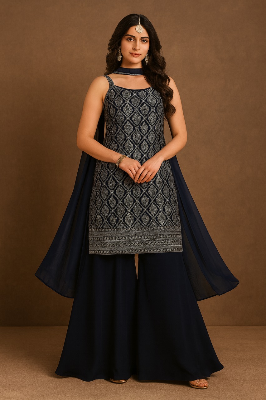Midnight Blue Embroidered Sharara Suit Set – Designer Sleeveless Kurta with Dupatta