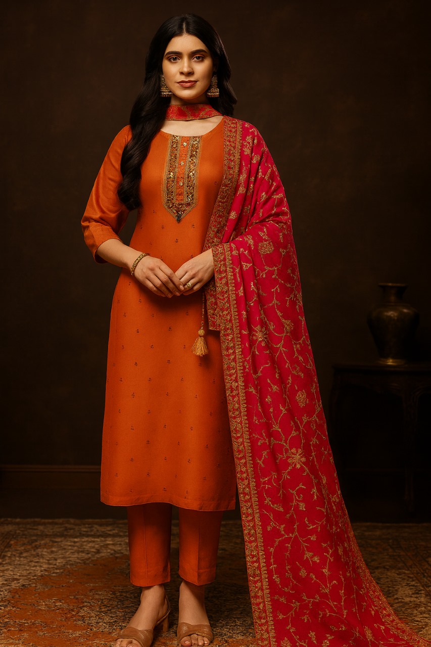 Saffron Orange Embroidered Suit Set – Handcrafted Kurta with Crimson Dupatta