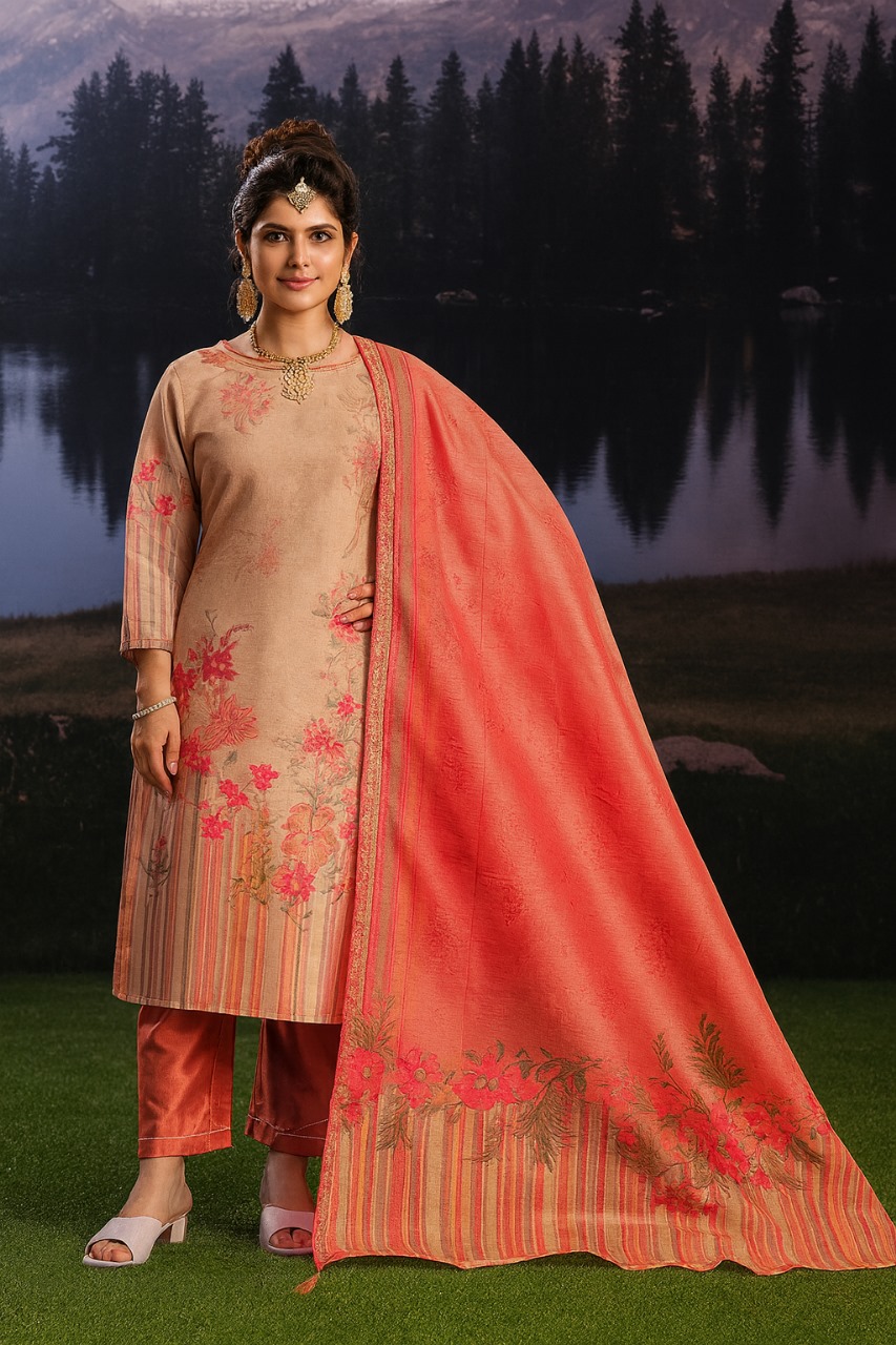 Blush Beige Floral Printed Suit Set – Elegant Embroidered Kurta with Coral Dupatta