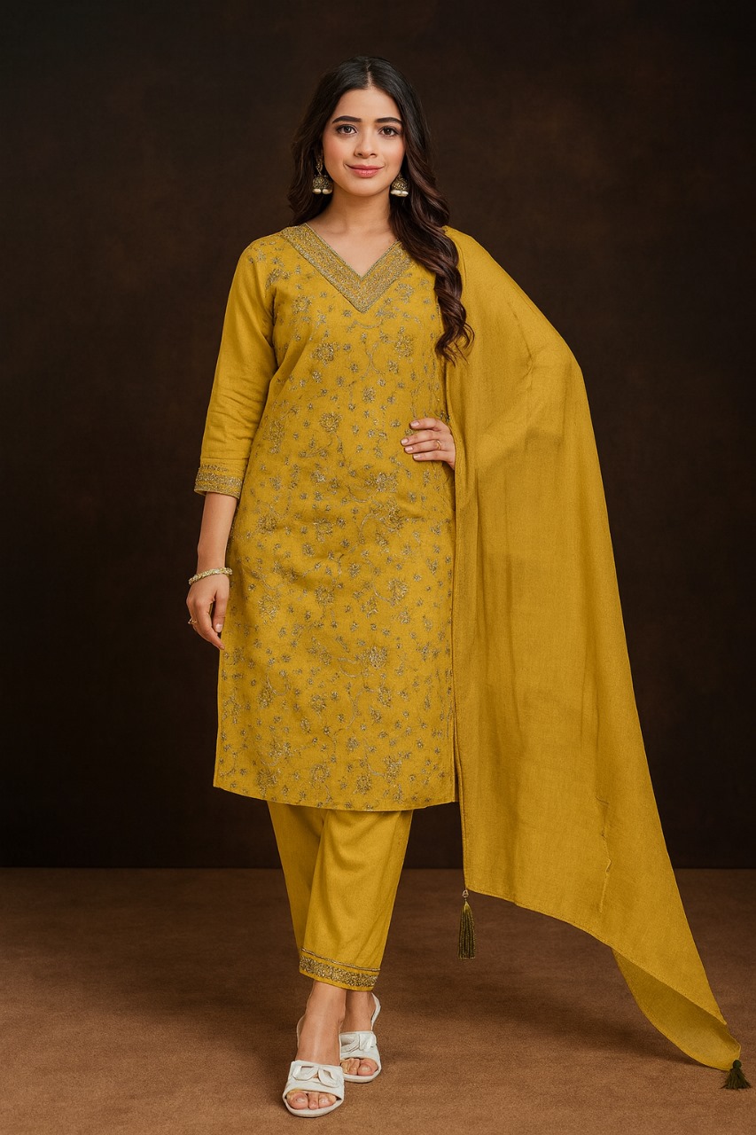 Mustard Gold Embroidered Suit Set – Handcrafted Thread Work Kurta with Dupatta