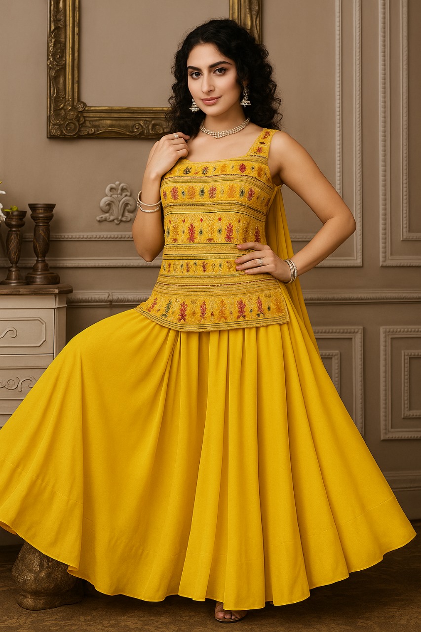 Sunlit Marigold Embroidered Anarkali Set – Sleeveless Peplum Kurta with Flared Skirt