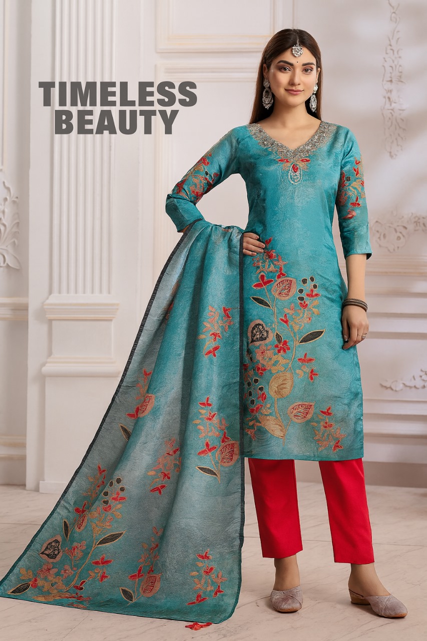 Turquoise Teal Embroidered Suit Set – Elegant Floral Kurta with Contrast Dupatta