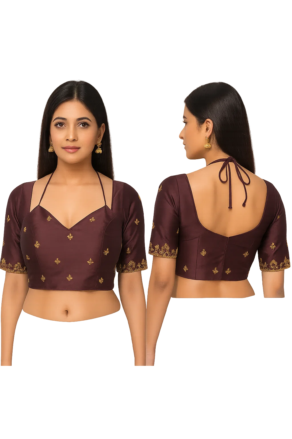 Designer Wine Embroidered Silk Padded Saree Blouse with Back Dori