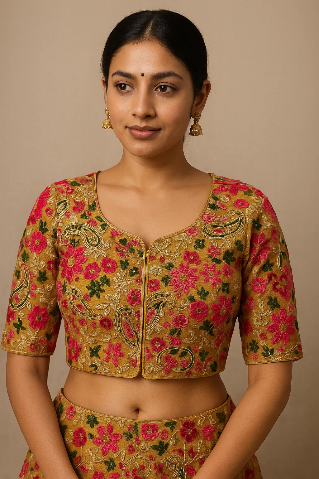 Mustard Floral Heavy Embroidered Silk Padded Saree Blouse with Front Hook & Elbow Sleeves
