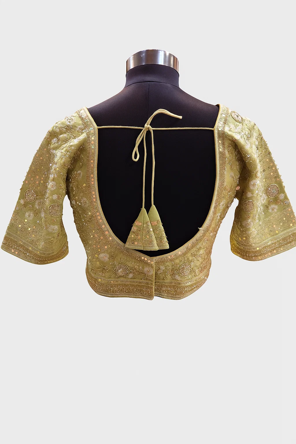 Pastel Green Sequins Embroidered Designer Silk Blouse with Back Dori & Sweetheart Neck