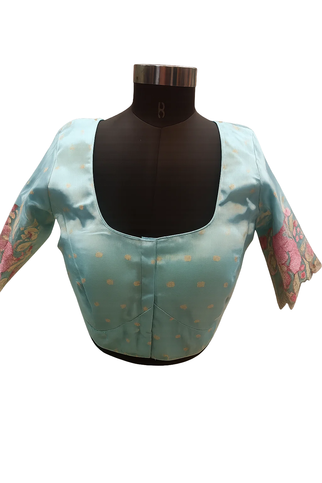 Turquoise Blue Floral Embroidered Silk Readymade Designer Blouse with Back Dori & 3/4th Sleeves