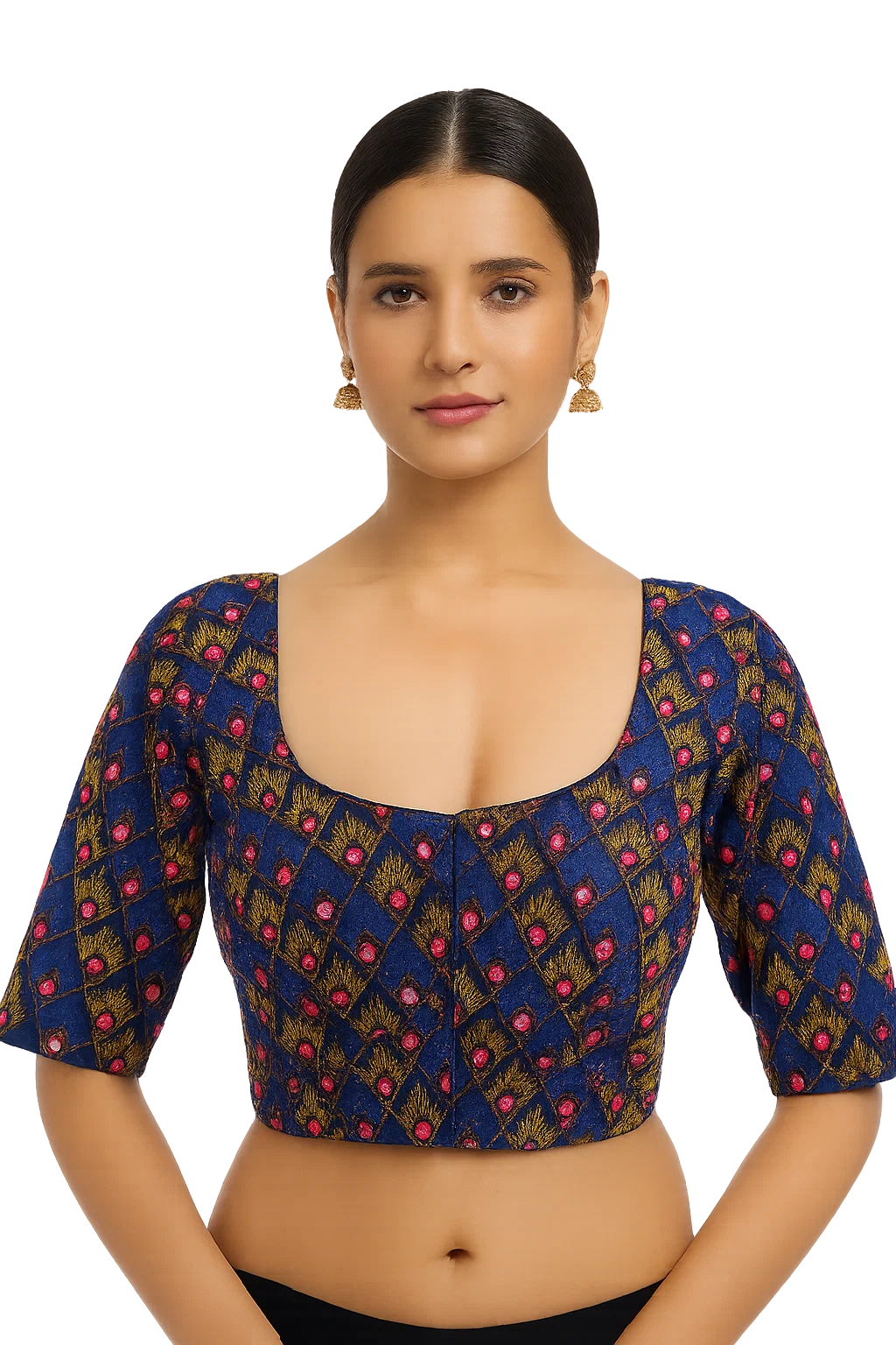 Navy Blue Heavy Embroidered Silk Readymade Designer Blouse with Deep Back & Dori Tie-Up