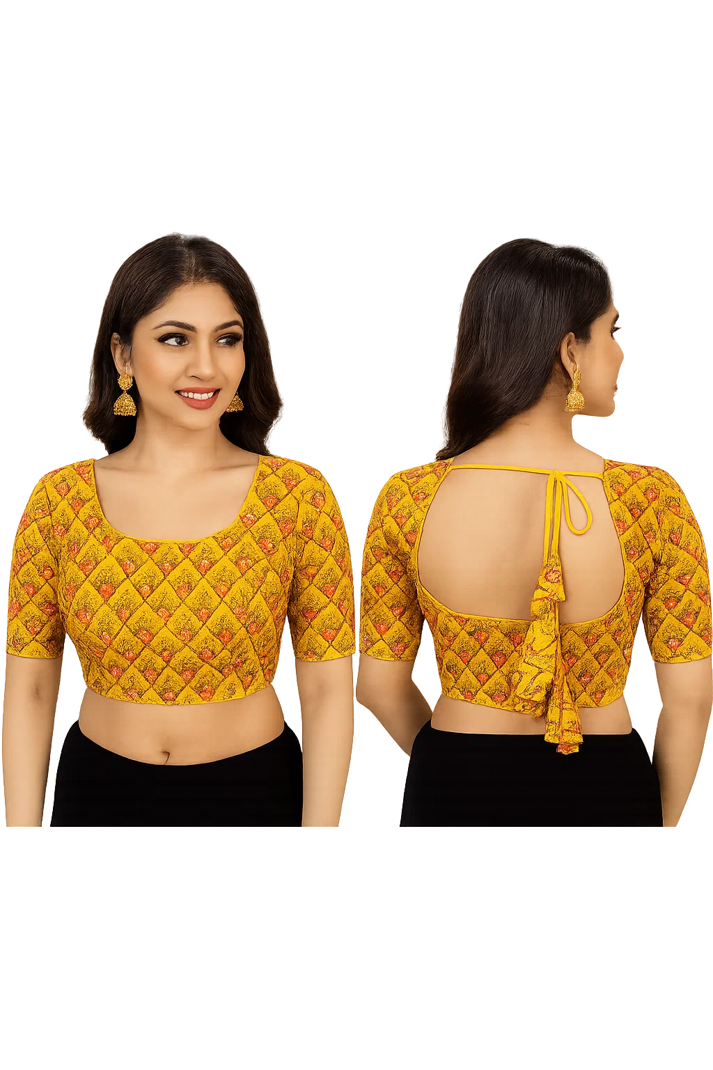 Mustard Yellow Heavy Embroidered Silk Readymade Designer Blouse with Deep Back & Dori Tie-Up
