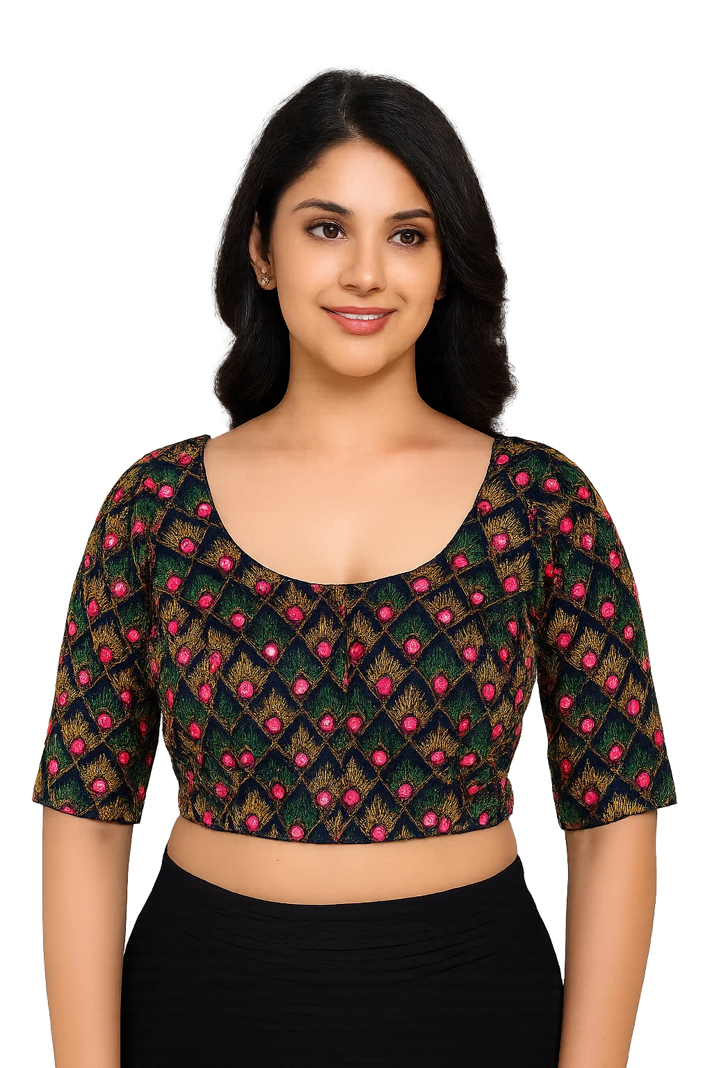 Navy Blue Embroidered Backless Designer Blouse with Tassel Tie-Up