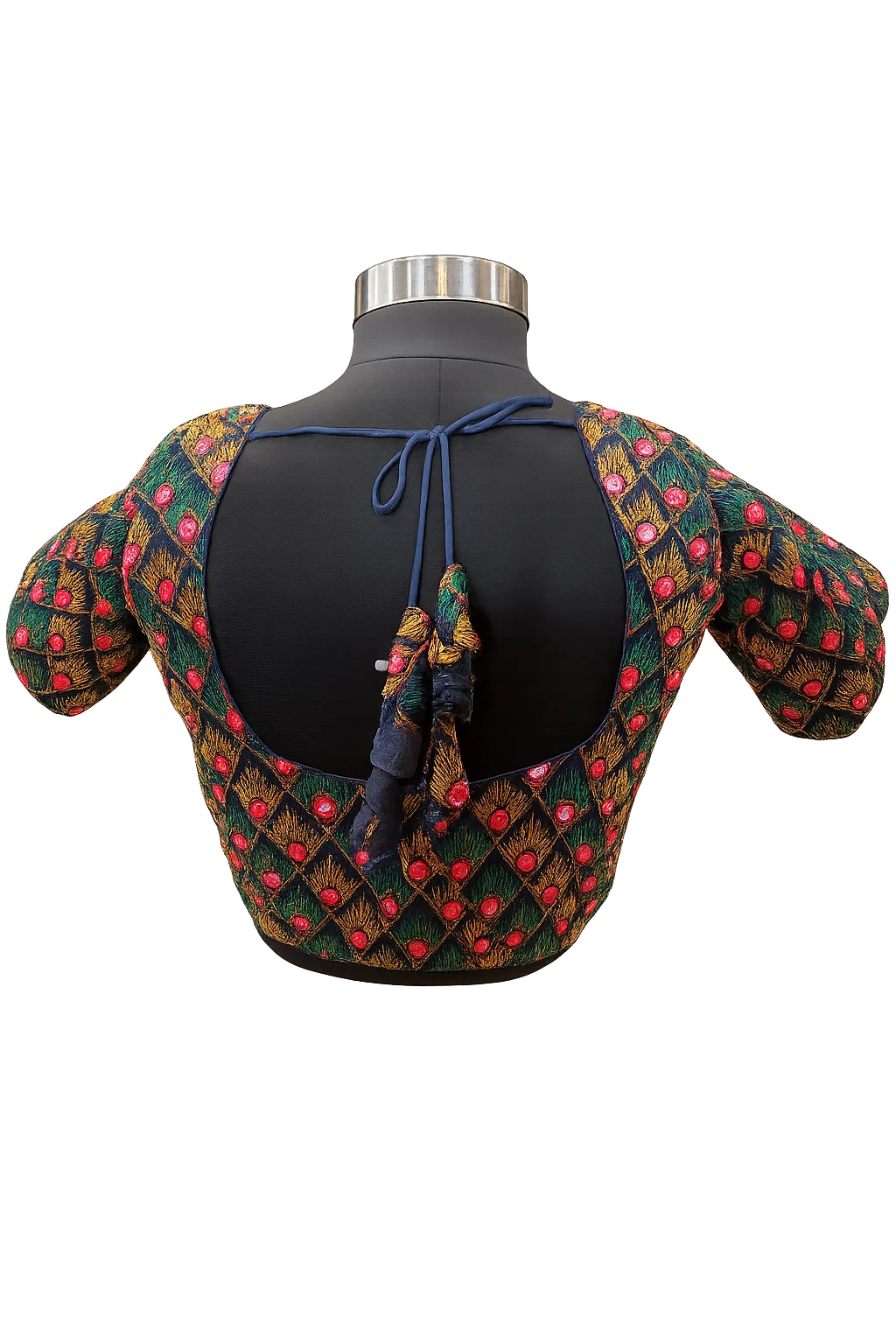 Navy Blue Embroidered Backless Designer Blouse with Tassel Tie-Up
