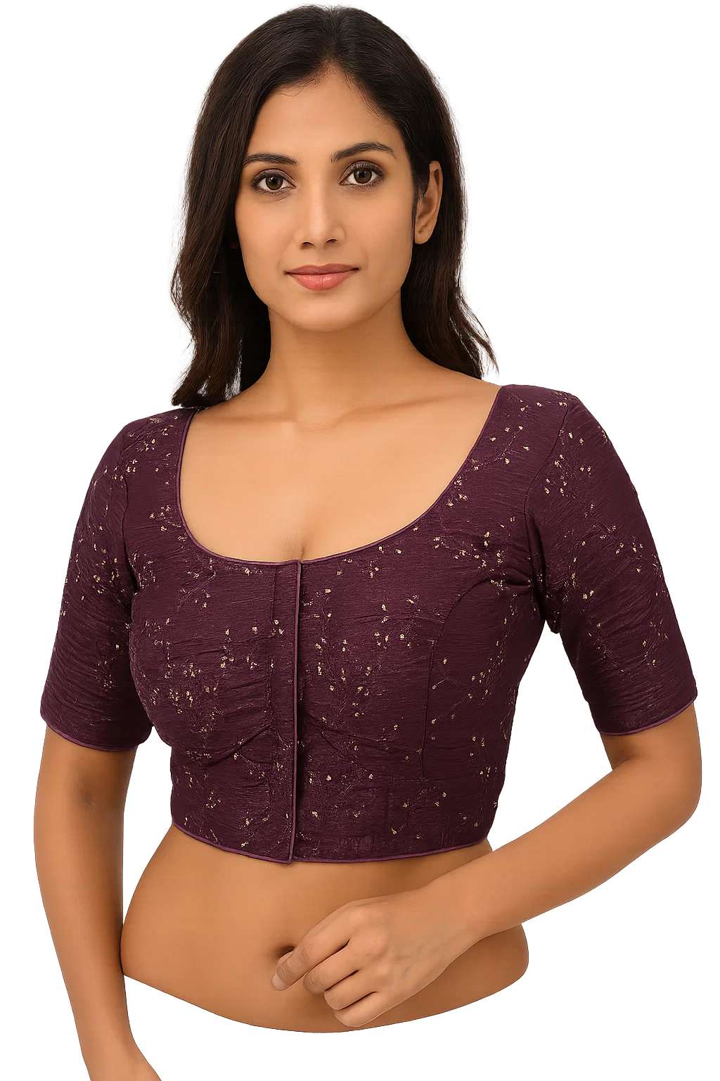 Deep Wine Textured Designer Blouse with Scoop Neck & Half Sleeves