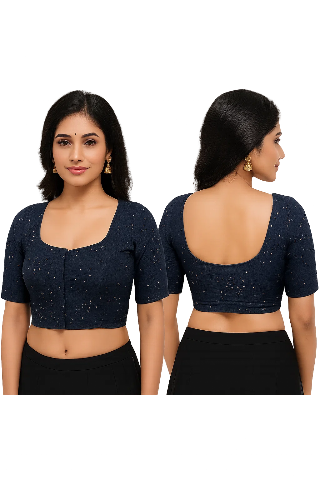 Navy Blue Textured Sequined Designer Blouse with Scoop Neck & Half Sleeves