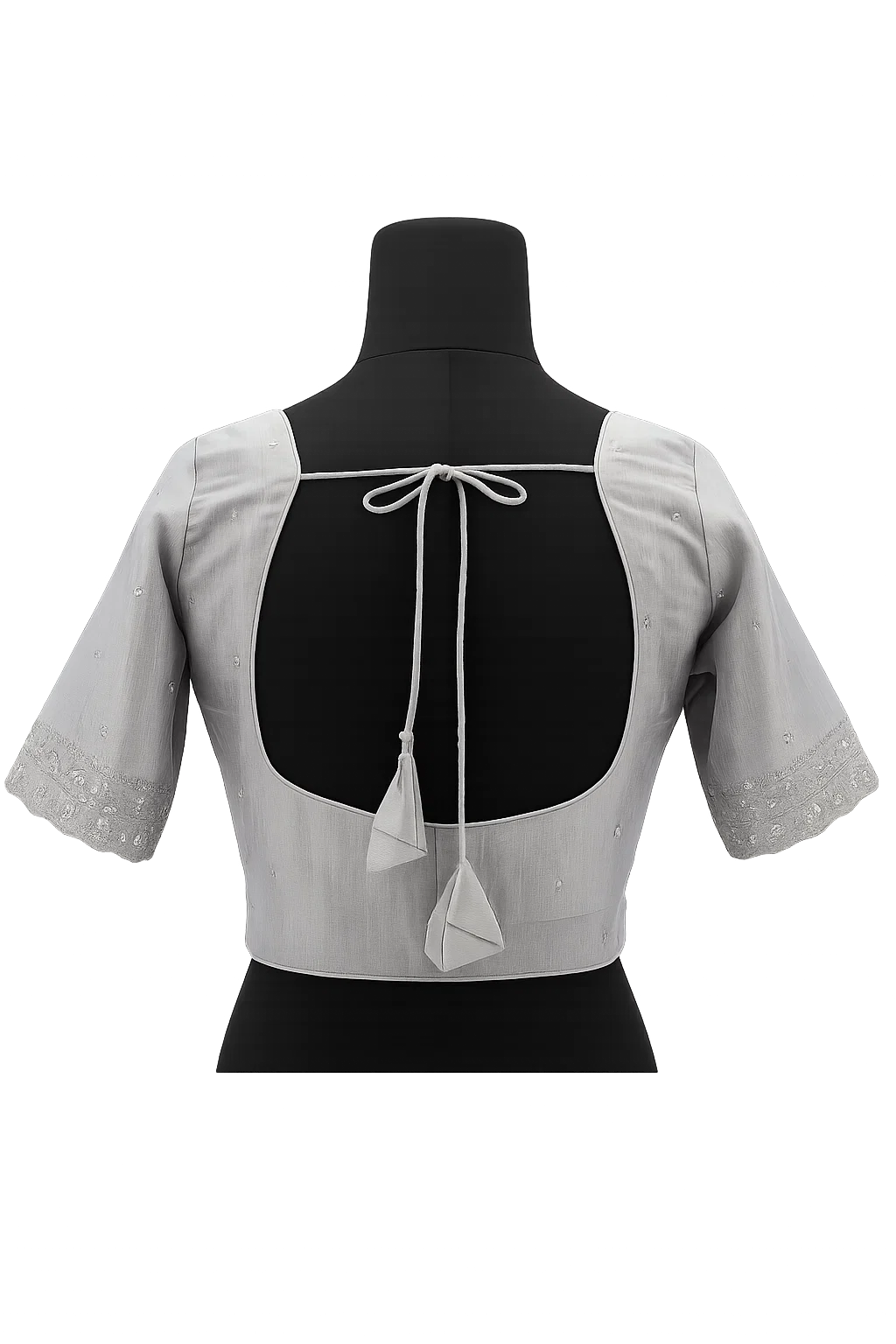 Pastel Grey Embroidered Back-Tie Designer Blouse with Half Sleeves