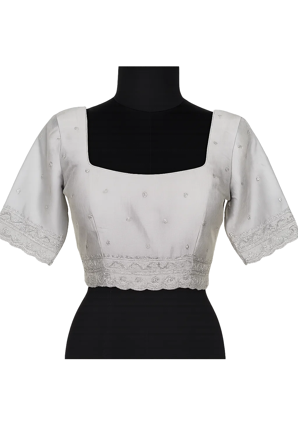 Pastel Grey Embroidered Back-Tie Designer Blouse with Half Sleeves