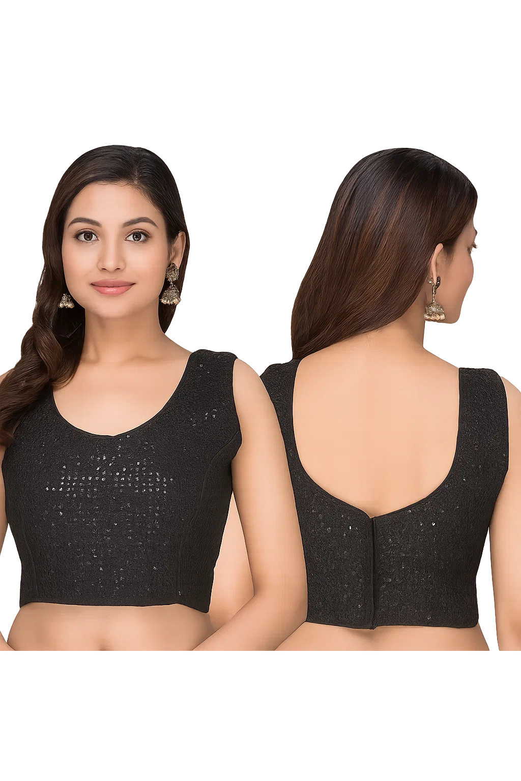 Black Sleeveless Sequined Designer Blouse with Deep U-Back