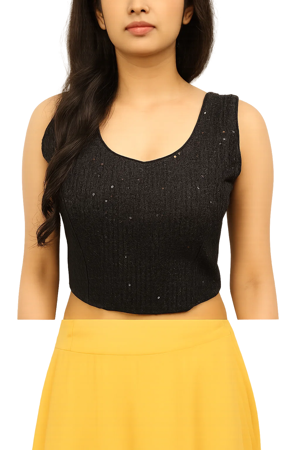 Black Sleeveless Sequined Designer Blouse with Deep U-Back