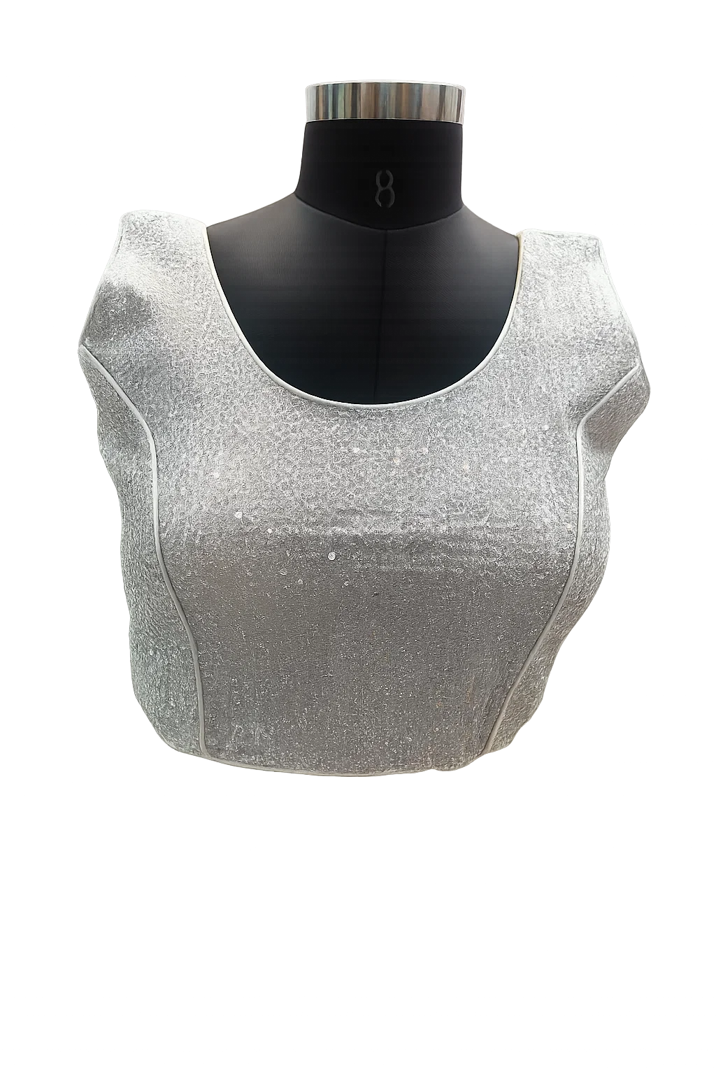 Silver Shimmer V-Neck Designer Blouse with Deep Back & Tassel Tie-Up