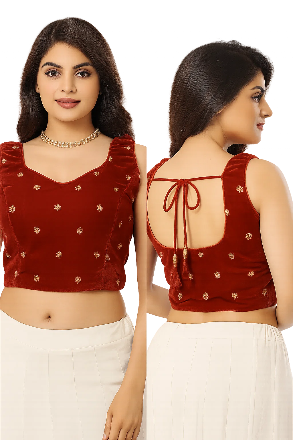 Rust Red Velvet Embroidered Designer Blouse with Back Tie-Up