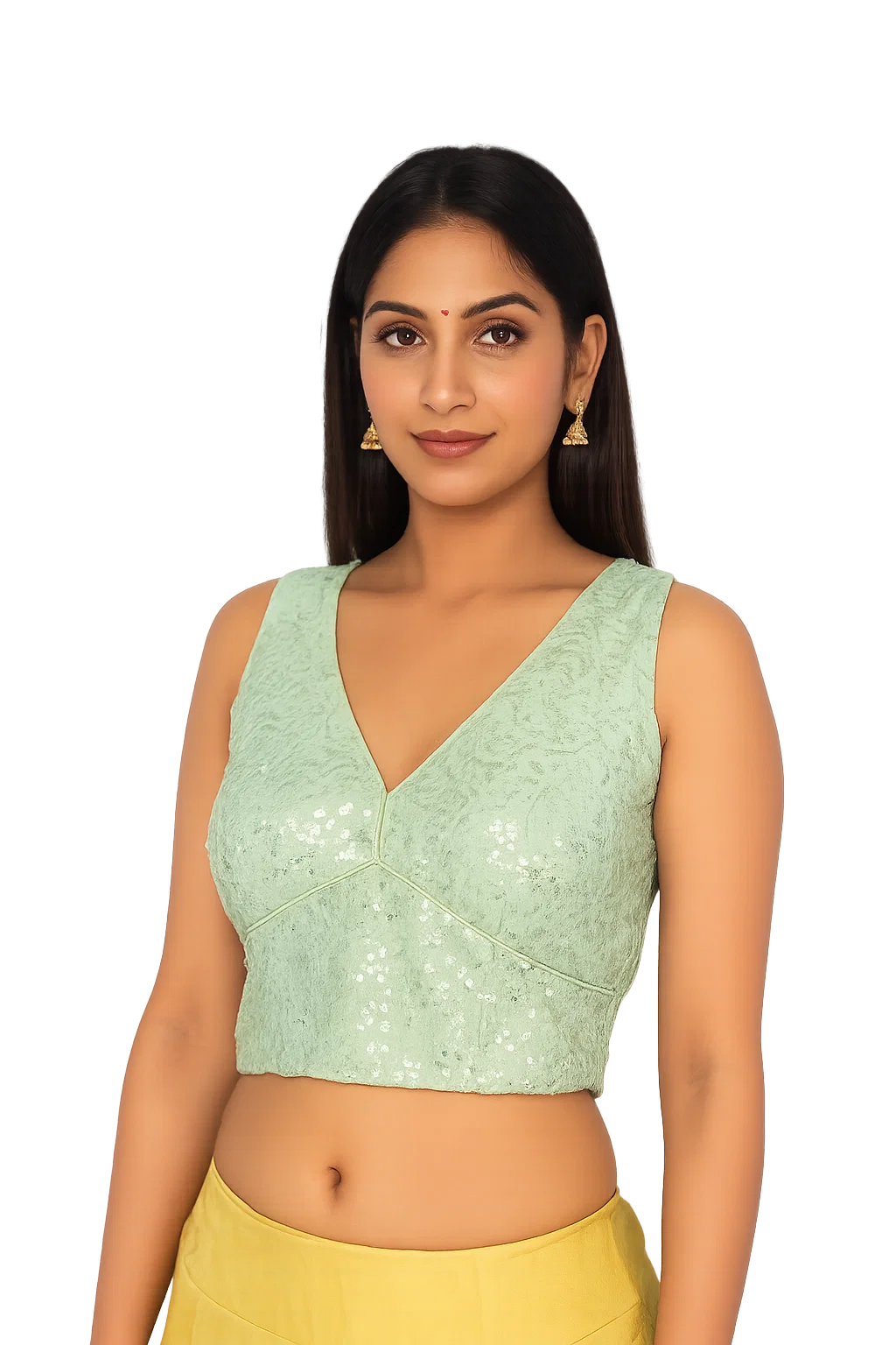 Mint Green Sequined V-Neck Designer Blouse in Textured Fabric