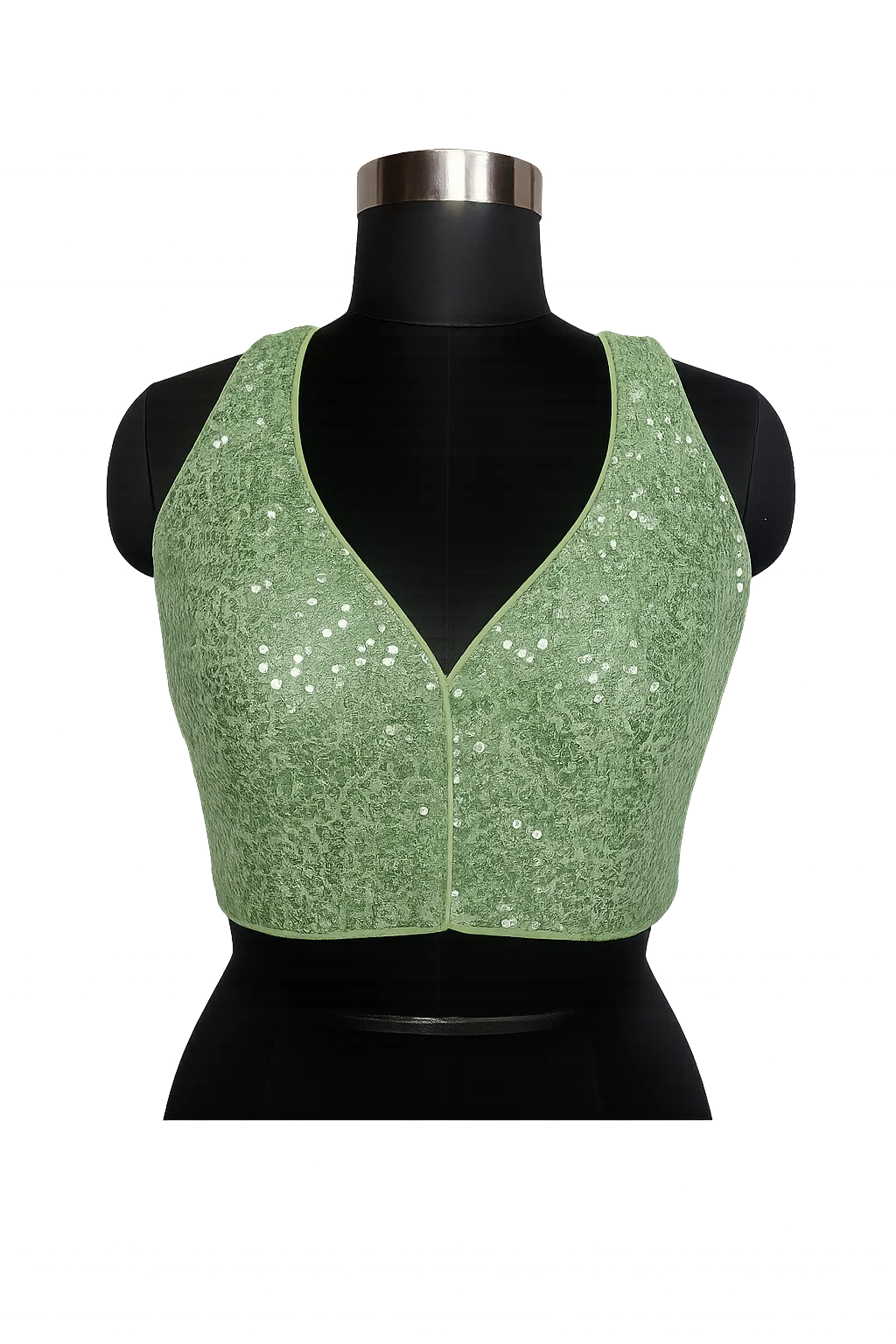 Mint Green Sequined V-Neck Designer Blouse in Textured Fabric