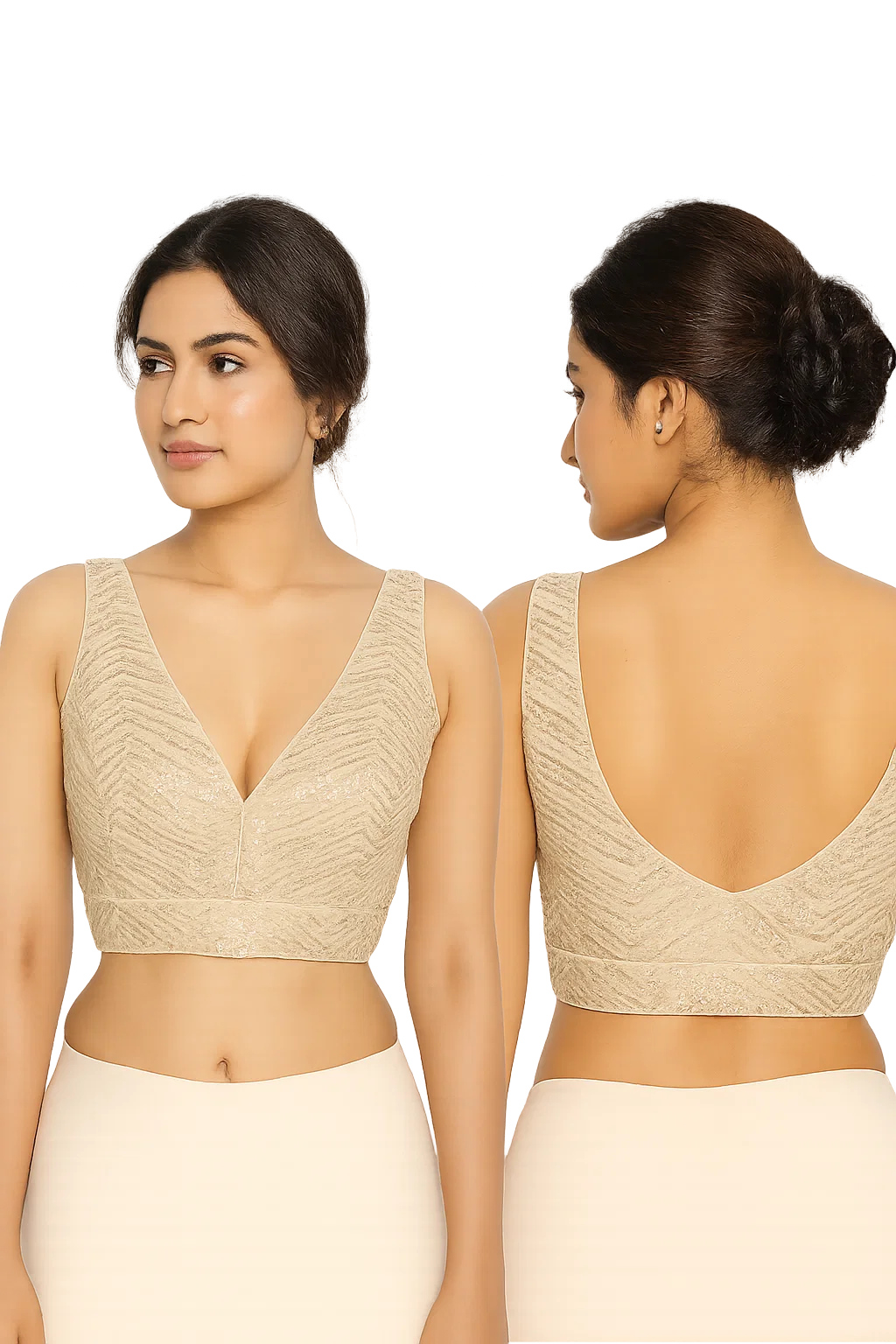 Champagne Gold Textured V-Neck Designer Blouse with Deep Back