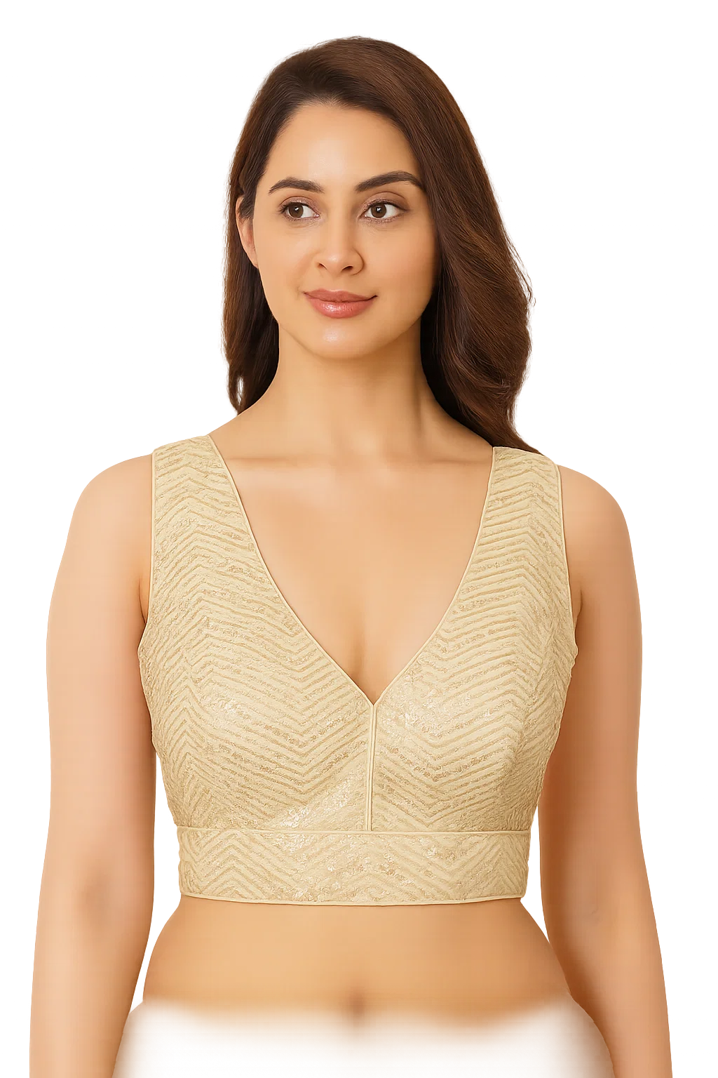 Champagne Gold Textured V-Neck Designer Blouse with Deep Back