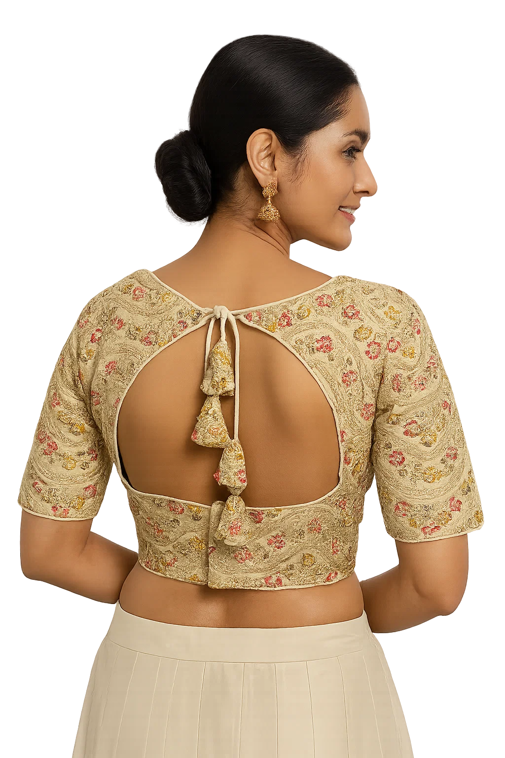 Beige Multi-Thread Embroidered Designer Blouse with Double Dori Back & Half Sleeves