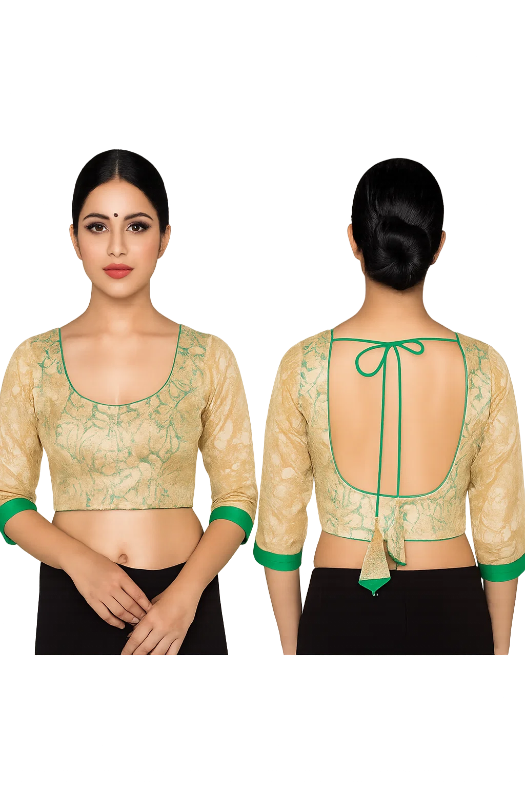 Golden Brocade Blouse with Green Piping & Deep Back Dori Design