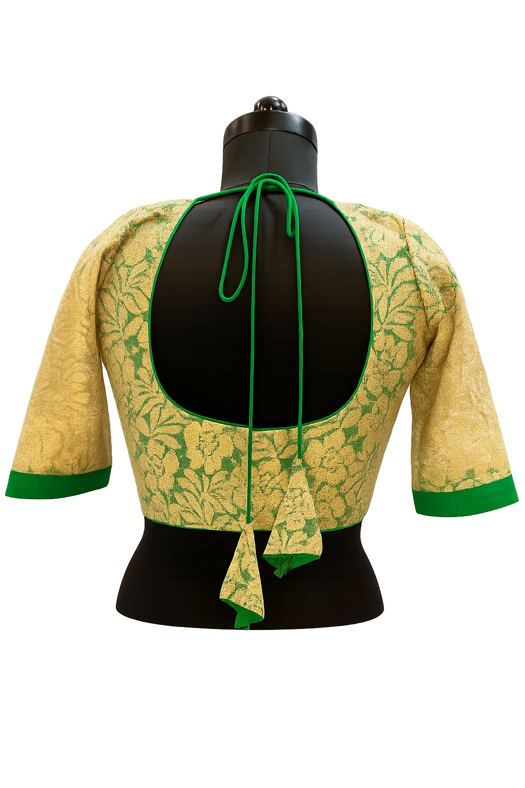 Golden Brocade Blouse with Green Piping & Deep Back Dori Design