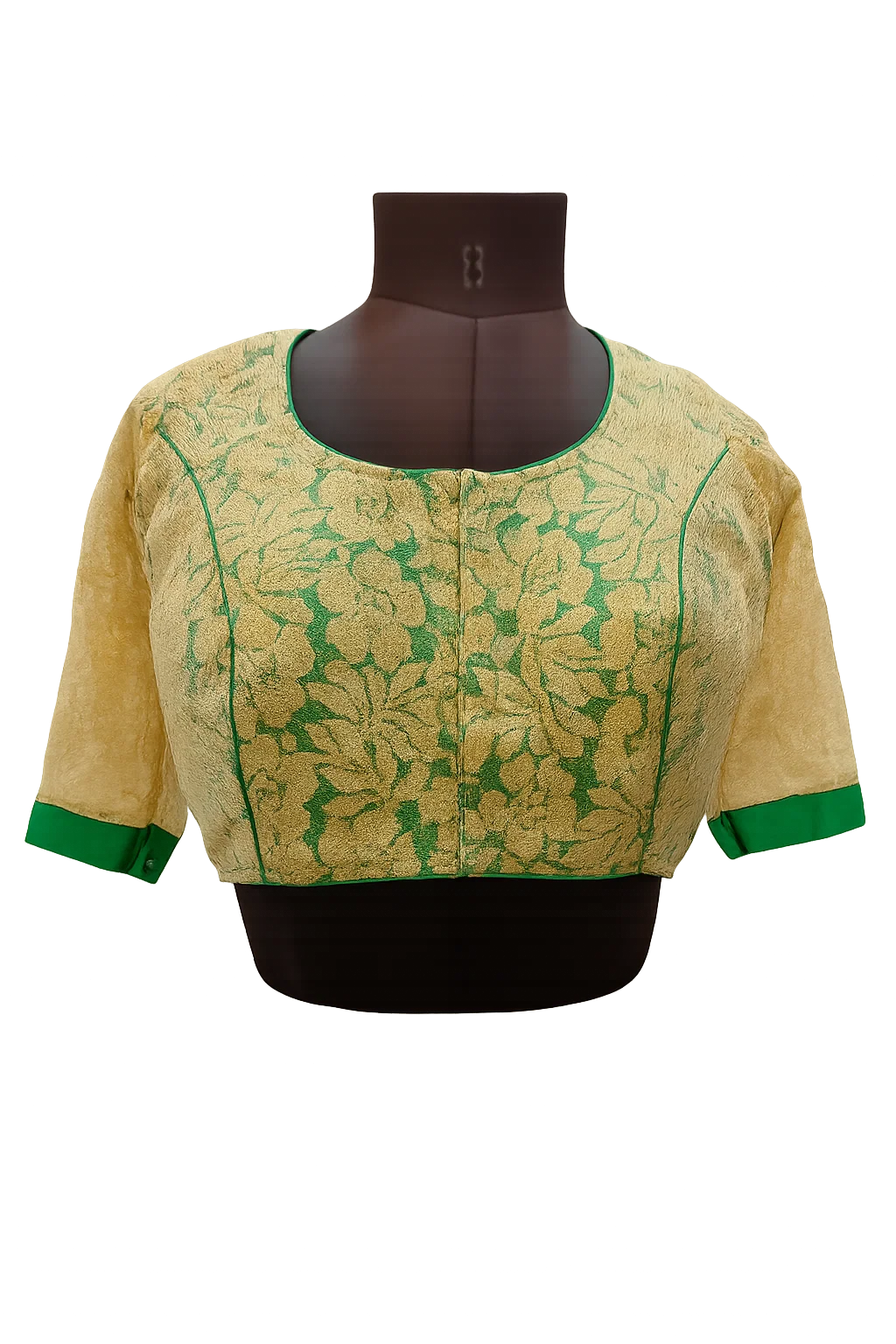 Golden Brocade Blouse with Green Piping & Deep Back Dori Design