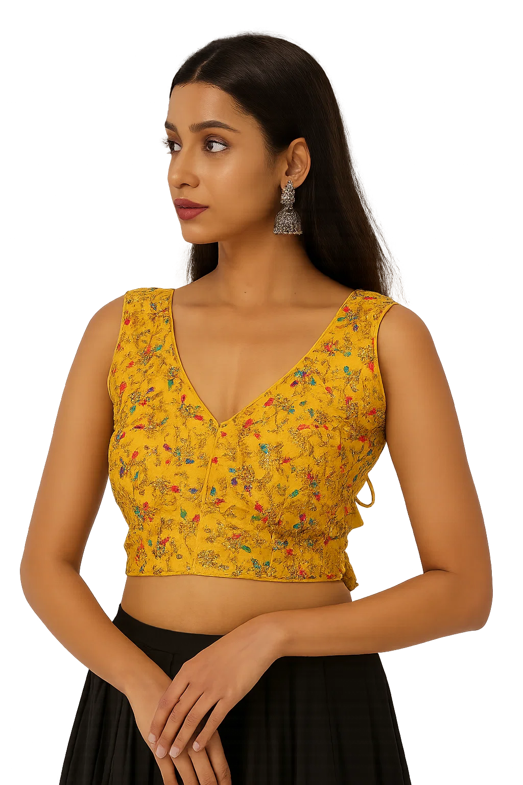 Mustard Yellow Multi-Thread Embroidered Sleeveless V-Neck Blouse