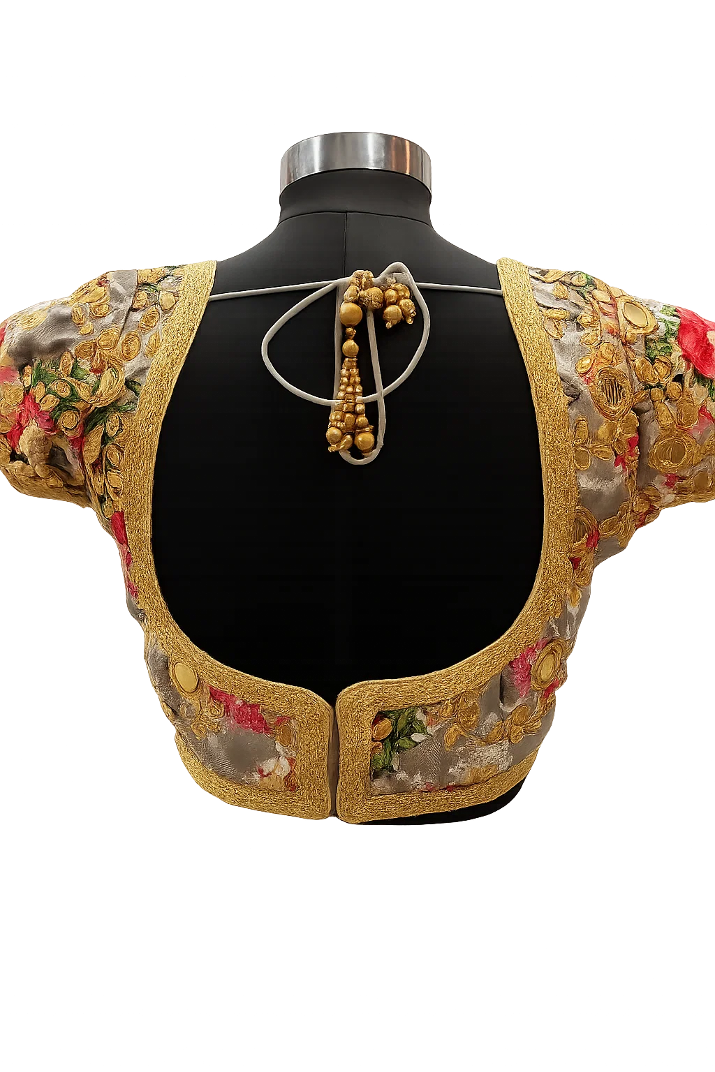 Gold Grey Floral Zari Embroidered Blouse with Deep Square Back & Dori Tassels