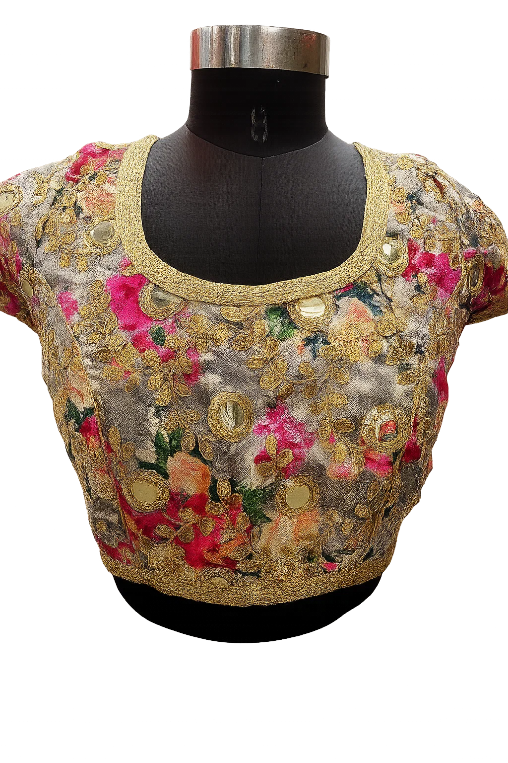 Gold Grey Floral Zari Embroidered Blouse with Deep Square Back & Dori Tassels