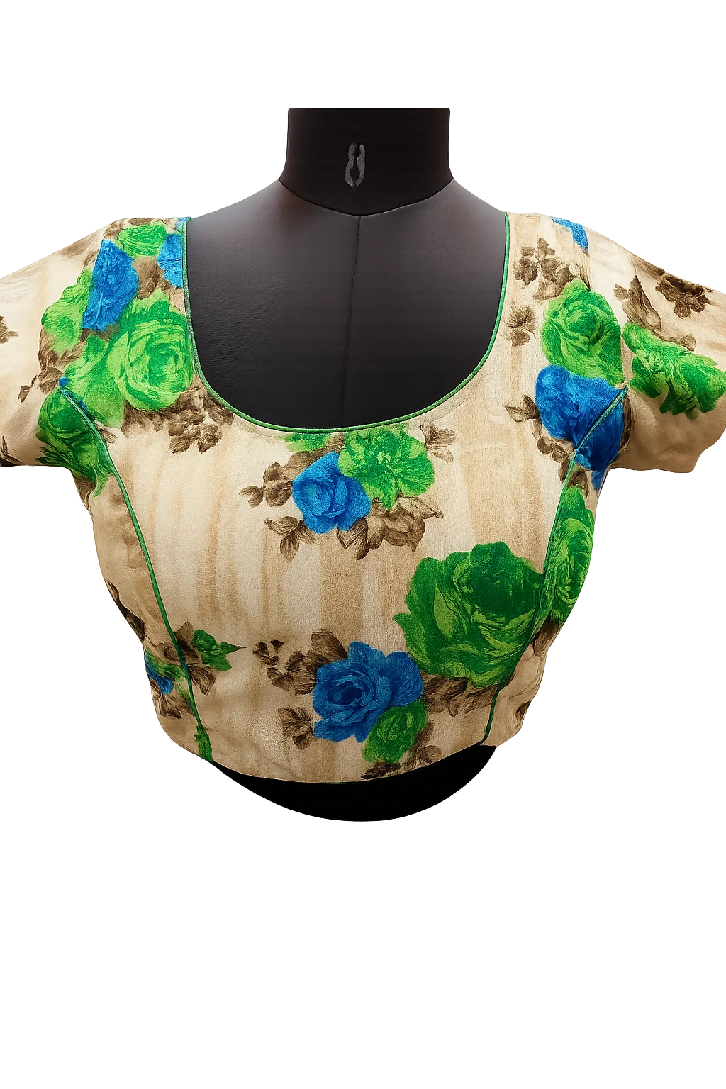 Cream Floral Printed Deep U-Back Blouse with Green Piping & Dori Tassels