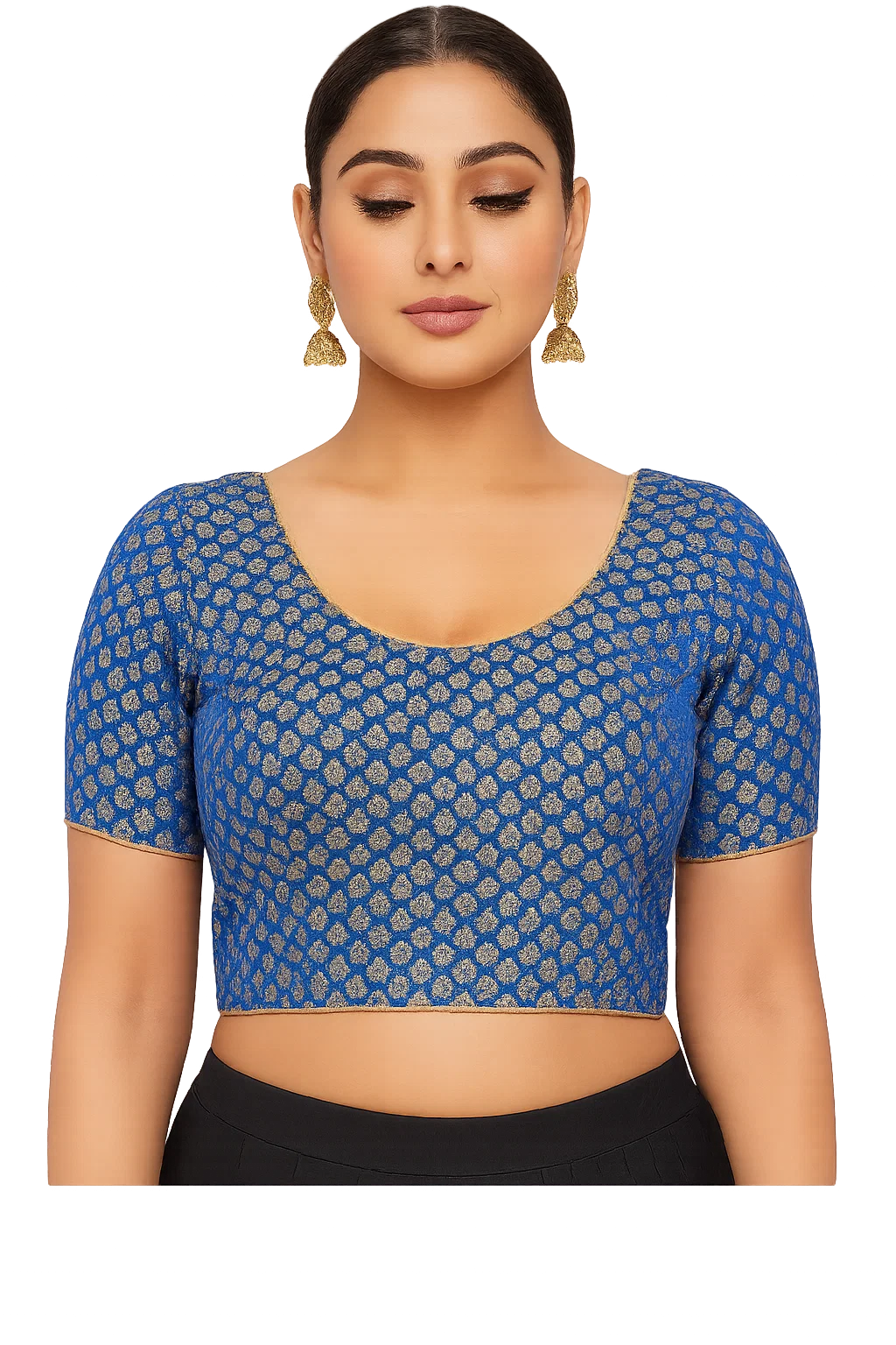 Royal Blue Banarasi Brocade Deep U-Back Blouse with Elbow Sleeves
