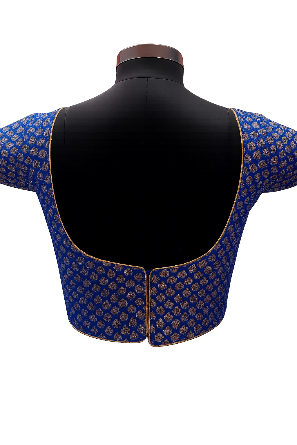 Royal Blue Banarasi Brocade Deep U-Back Blouse with Elbow Sleeves