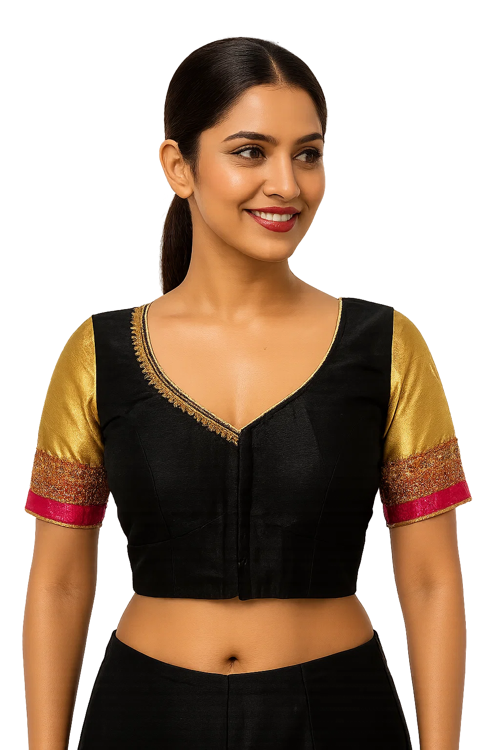 Black & Gold Silk Designer Blouse with V-Back Cut and Zari Work Sleeves