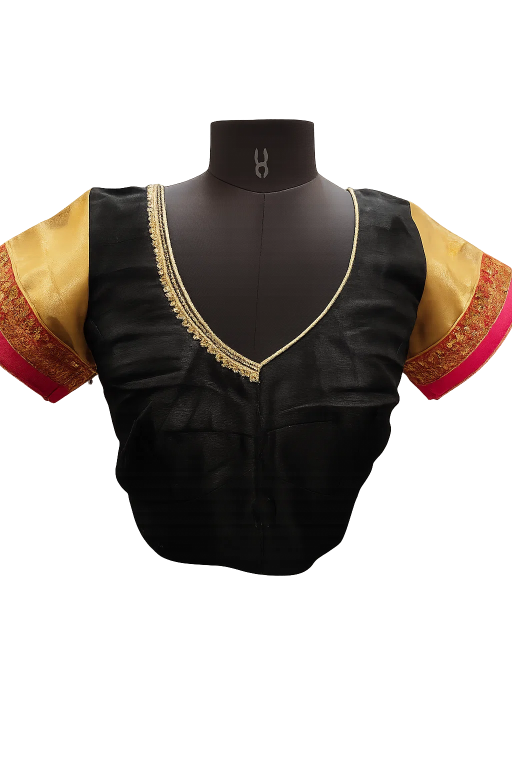 Black & Gold Silk Designer Blouse with V-Back Cut and Zari Work Sleeves