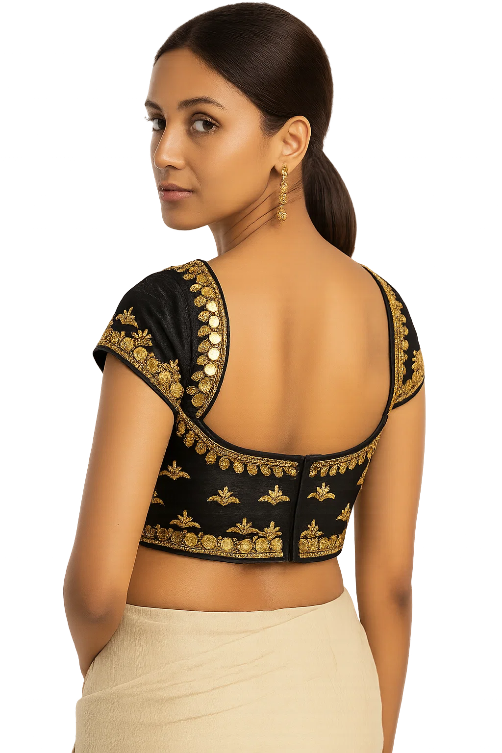 Black Golden Zari Embroidered Designer Blouse with Deep Back Cut