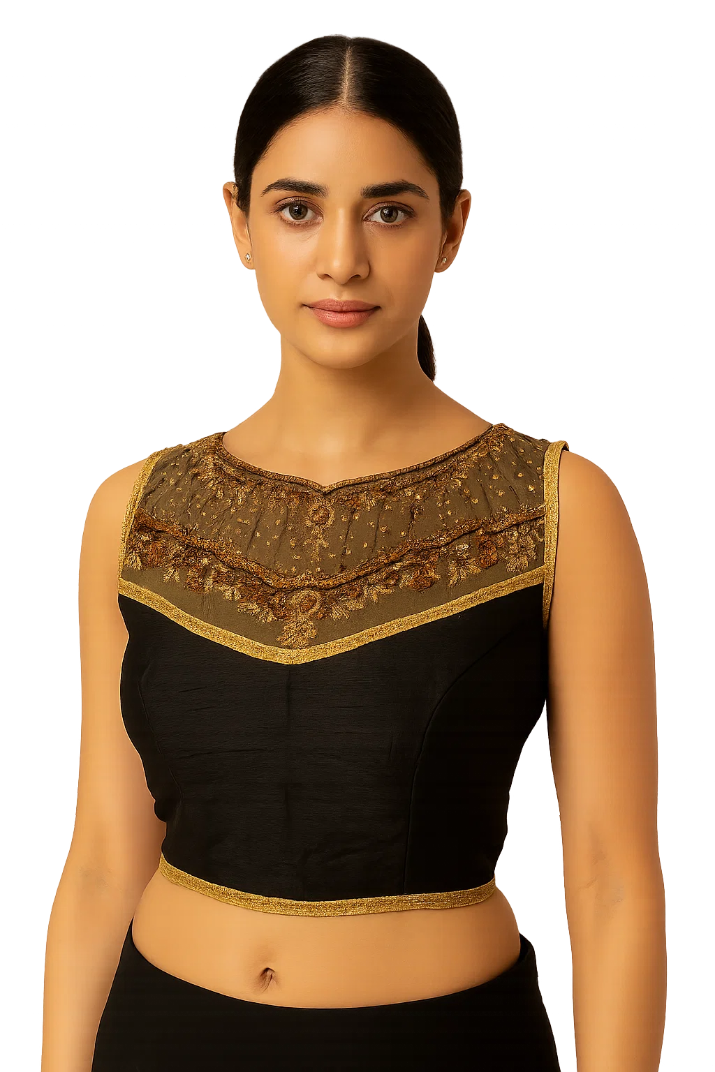 Black Silk V-Neck Blouse with Golden Border & Deep Back Dori Design