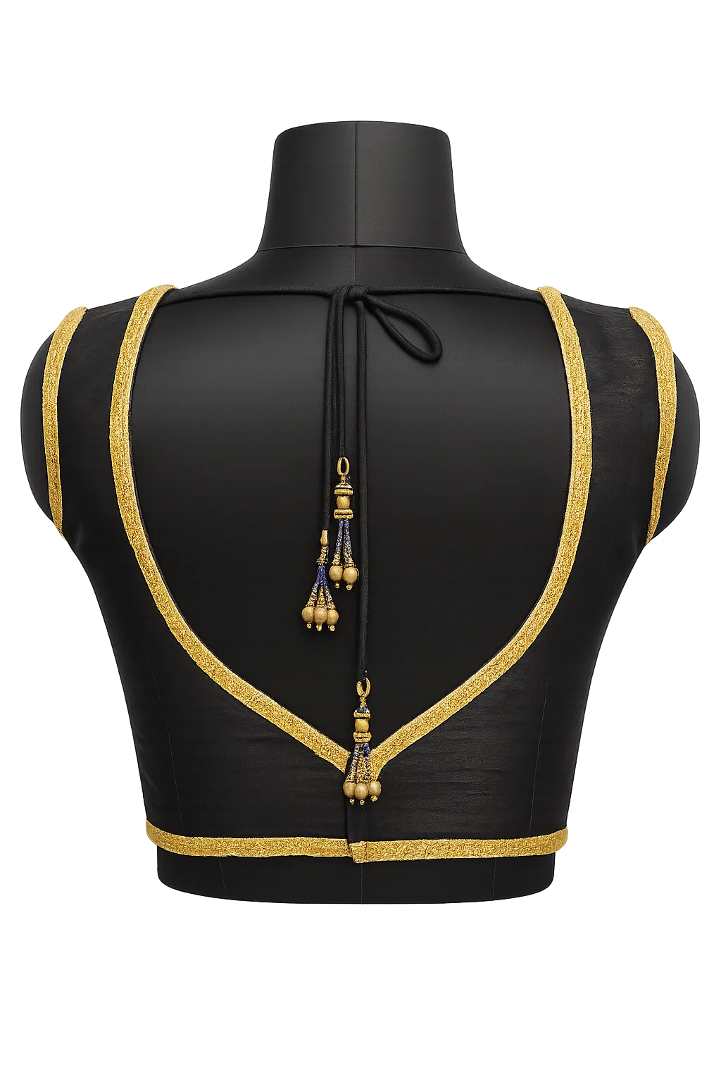 Black Silk V-Neck Blouse with Golden Border & Deep Back Dori Design