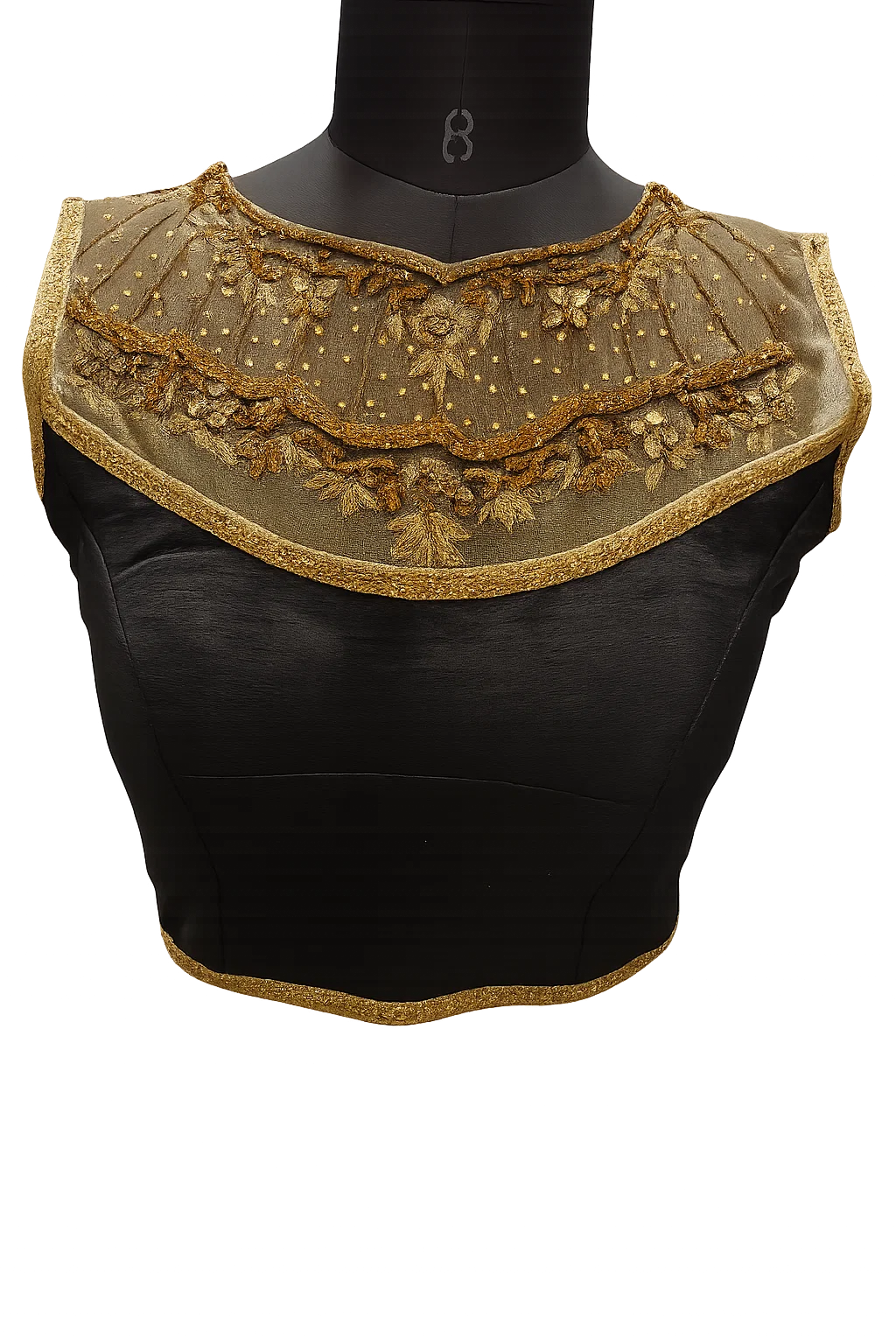 Black Silk V-Neck Blouse with Golden Border & Deep Back Dori Design