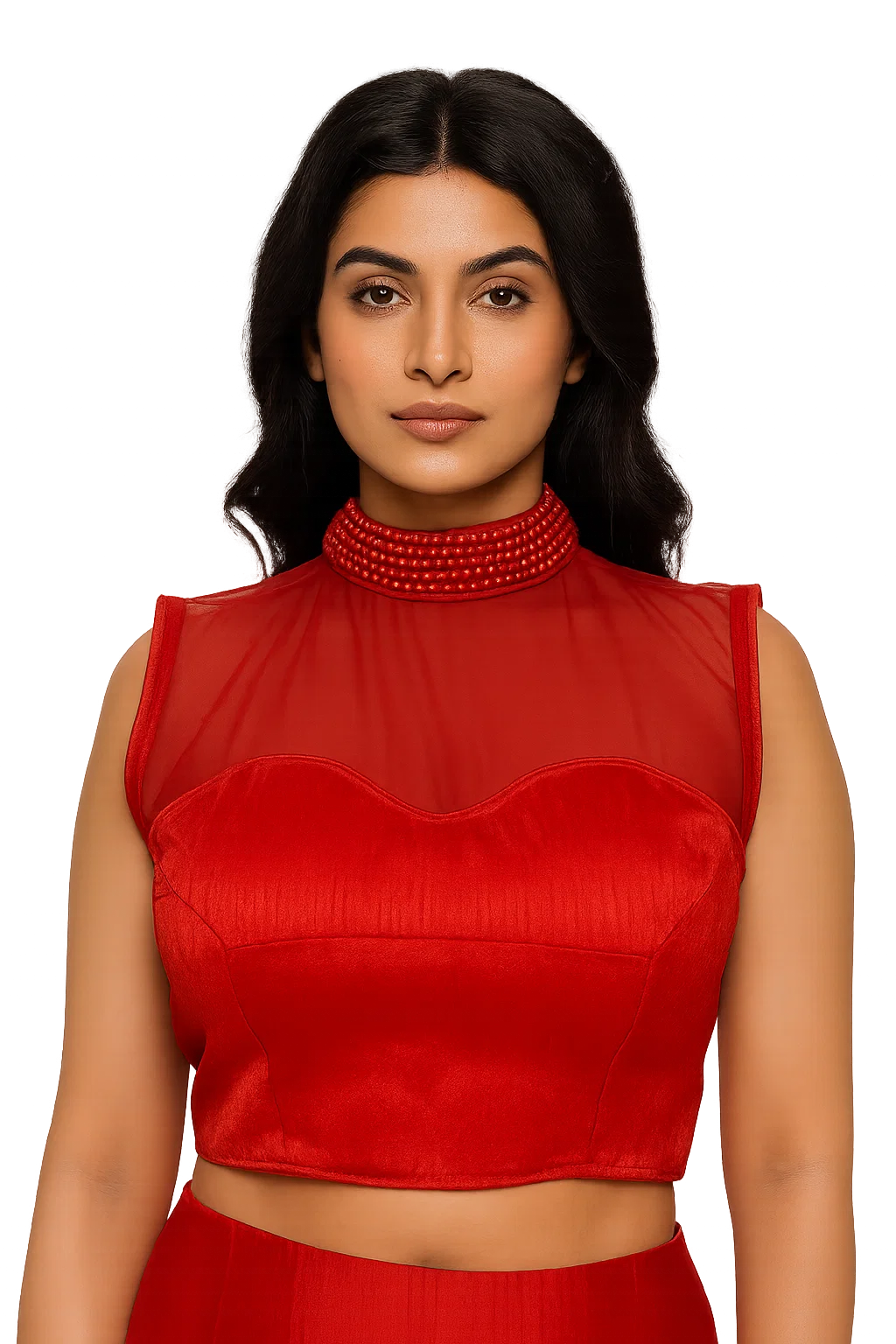 Red High-Neck Sheer Back Designer Blouse with Button Detailing – Party & Cocktail Wear