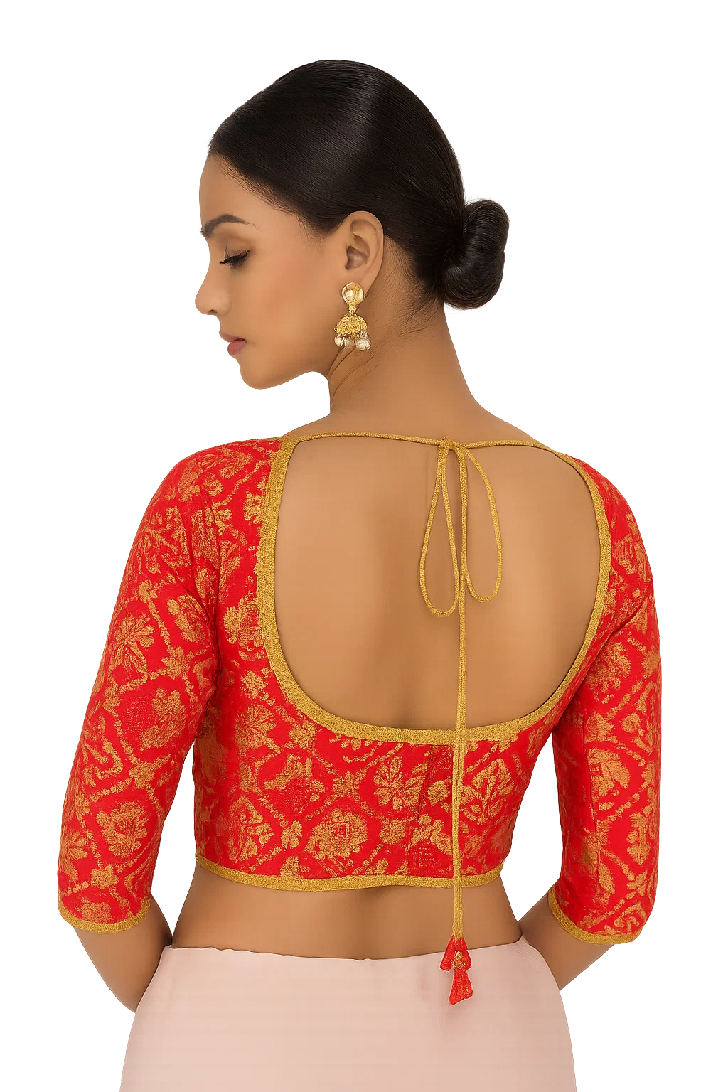 Red & Gold Banarasi Brocade Back-Tie Blouse – Half Sleeve Traditional Saree Blouse