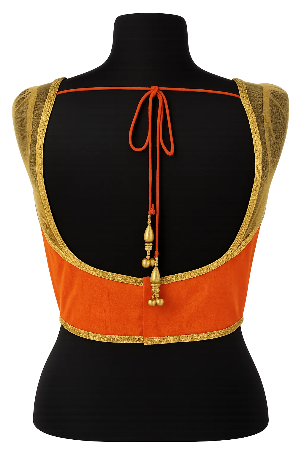 Rust Orange Velvet Back-Tie Saree Blouse with Golden Border – Party & Festive Wear