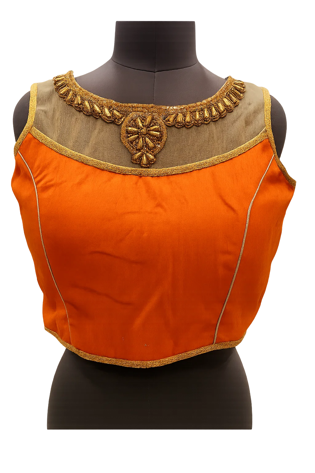 Rust Orange Velvet Back-Tie Saree Blouse with Golden Border – Party & Festive Wear